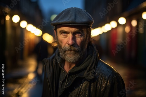 Portrait of a homeless man on a city street at night.