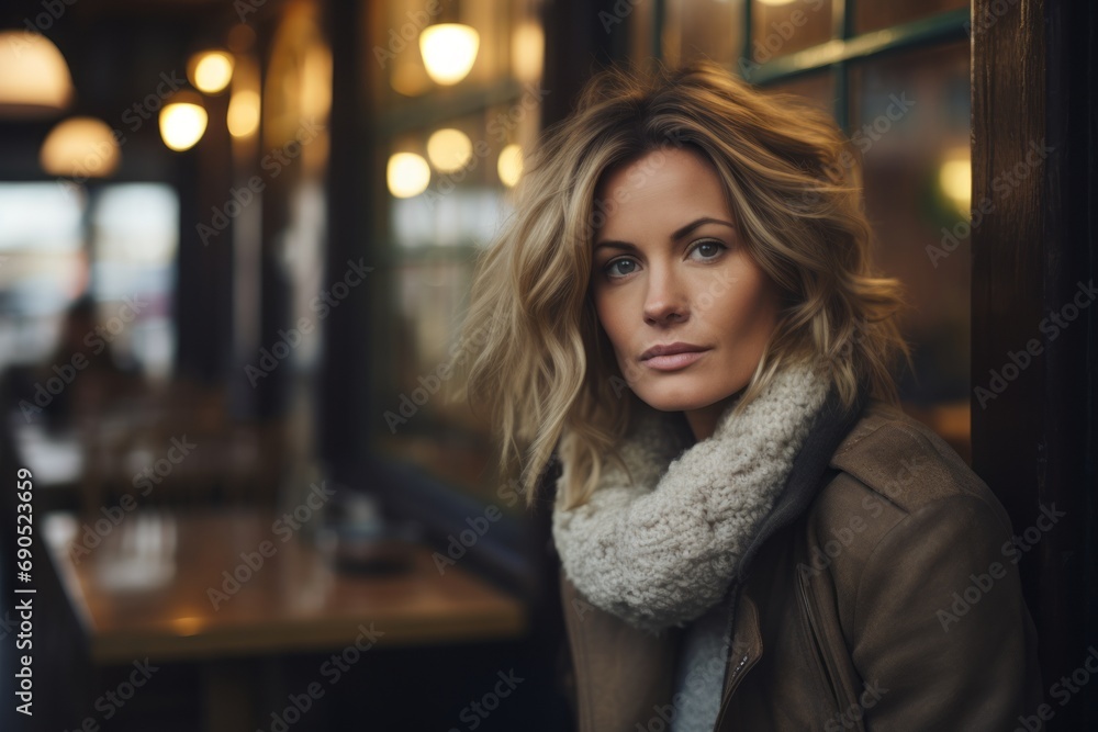 Portrait of a beautiful woman in a coat and scarf in a cafe