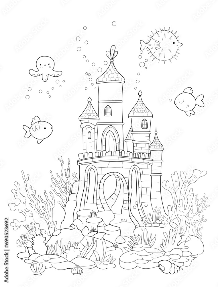 Mermaid s castle line illustration. Coloring book page, black and white. Doodle style, Hand draw. sea inhabitants and seaweed