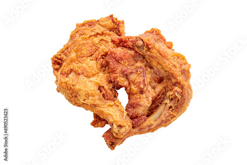 2 large chicken thighs batter and deep fried isolated on white background. fried chicken is a dish consisting of chicken pieces that have been coated with seasoned flour or batter.