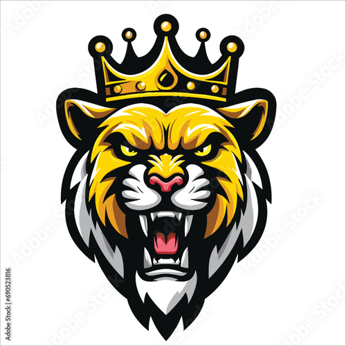Tiger head logo , tiger wearing crown , tiger head , Head tiger ,vector tiger head mascot with crown logo design concept