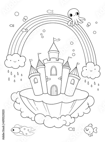 Mermaid s castle line illustration. Coloring book page, black and white. Doodle style, Hand draw. sea inhabitants and seaweed