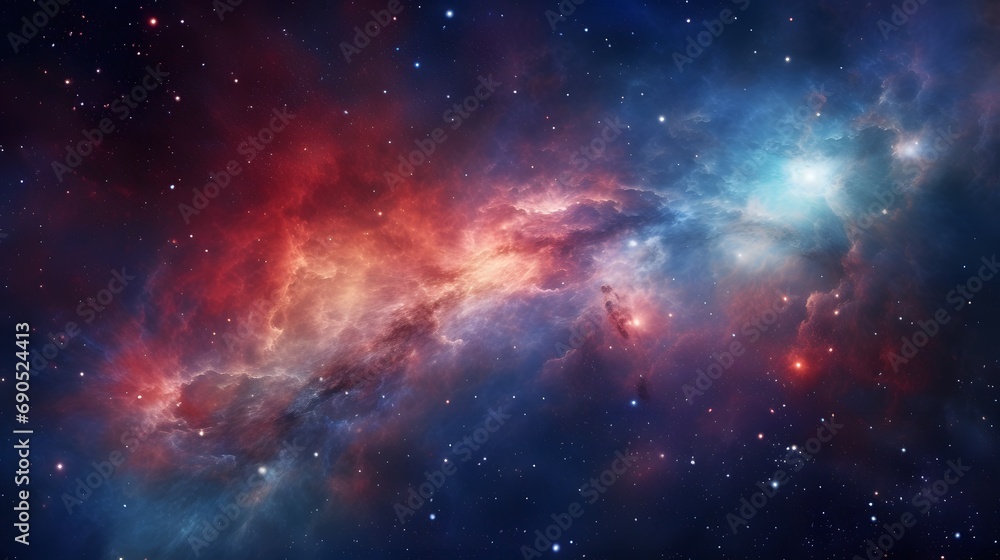 Galaxy background of radiant explosion of blues and reds illuminates the universe In vast expanse of the cosmos. Celestial scene captures the infinite beauty and mystery of the great universe 