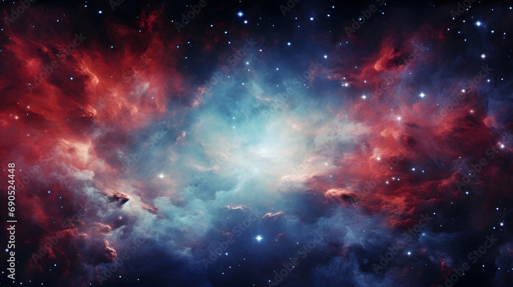 Galaxy background of radiant explosion of blues and reds illuminates the universe In vast expanse of the cosmos. Celestial scene captures the infinite beauty and mystery of the great universe 