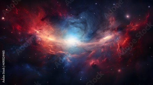 Galaxy background of radiant explosion of blues and reds illuminates the universe In vast expanse of the cosmos. Celestial scene captures the infinite beauty and mystery of the great universe  photo