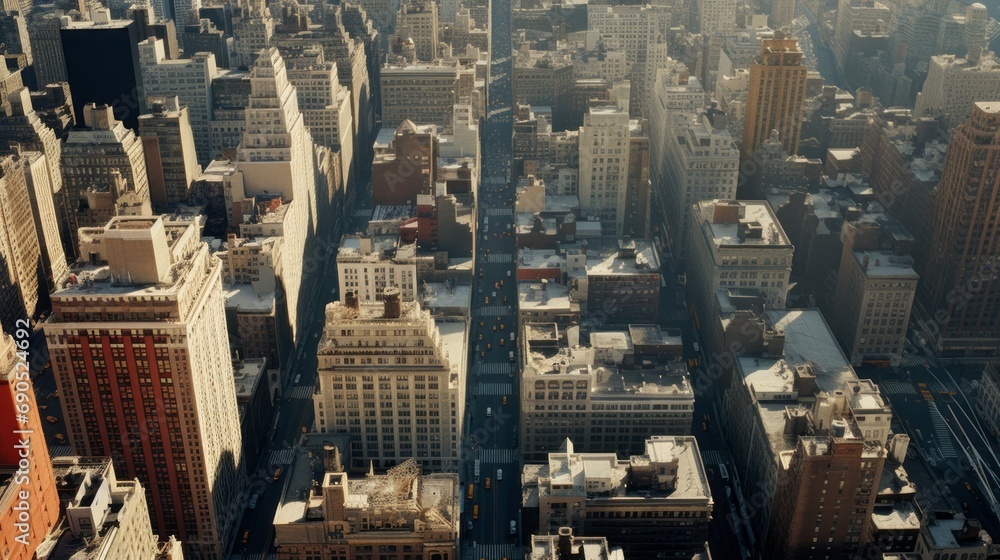 Aerial view from above on New York life in the 1960s. Photorealistic illustration. Streets of New York. 