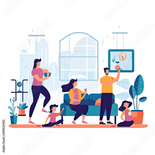 Family exercising at home Flat vector illustration daily activities working on white background AI Generated