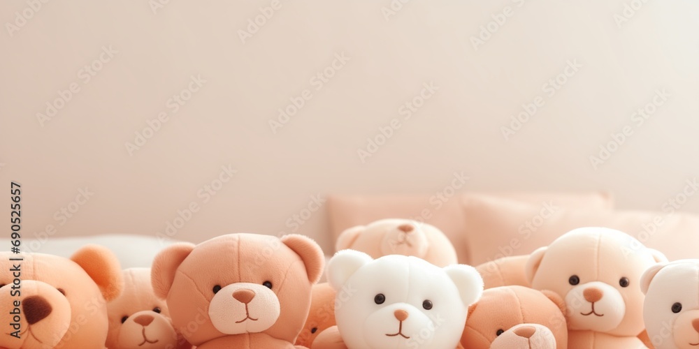 Close-up of peach-colored soft_toys in a childrens room Close-up of peach-colored soft_toys in a childrens room