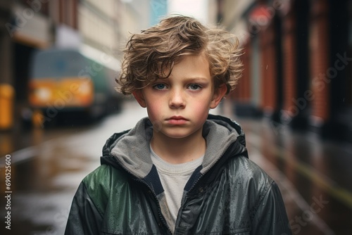 Portrait of a boy in a raincoat on the street.