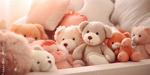 Close-up of peach-colored soft_toys in a childrens room © xartproduction