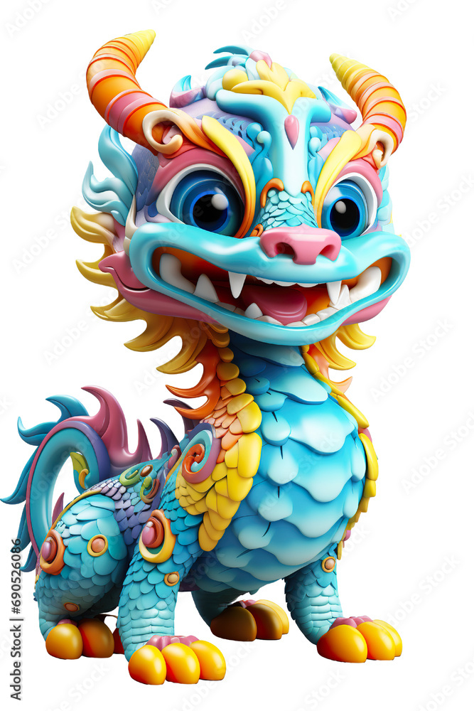 Cute colorful Chinese dragon lunar new year, long body, white background, 3d cartoon style, strong color contrast isolated PNG Cute colorful Chinese dragon lunar new year, long body, white background, 3d cartoon style, strong color contrast isolated PNG