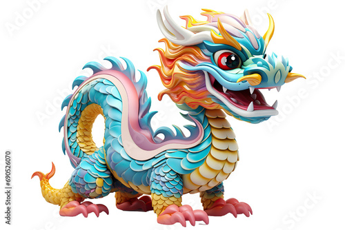 Cute colorful Chinese dragon lunar new year  long body  white background  3d cartoon style  strong color contrast isolated PNG