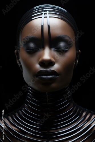 Elegant and Strong Model with Striking Collar and Artistic Makeup