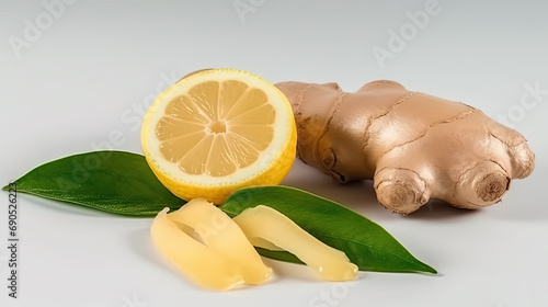 Isolated ginger and lemon pieces. Natural medicine, antiflu ingredients isolated on white background. photo