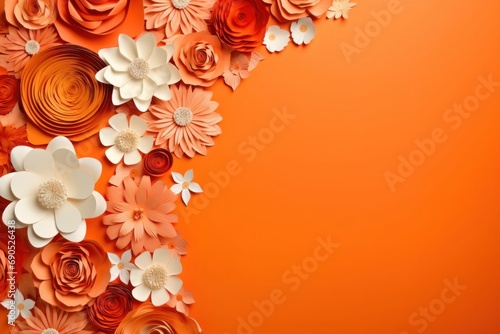 Many flowers made of paper on orange background with copy space. Floral frame layout with text space. Romantic feminine composition. Wedding invitation. International Women day, Generative AI  © Stock Globe