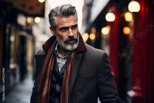 Portrait of a bearded middle-aged man in a coat and scarf on a city street.