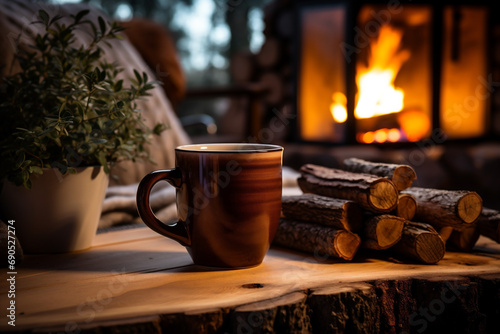 Cup of coffee on a wooden table near the fireplace in the winter forest.