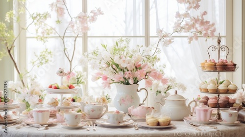 An elegant Easter-themed tea party setup with vintage teacups, lace doilies, and a selection of springtime pastries