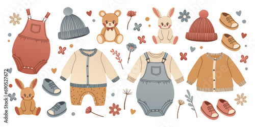 Baby toys and clothes set in hand drawn style. Bunny and teddy bear for babyshower. Clothing for infant boy or girl.
