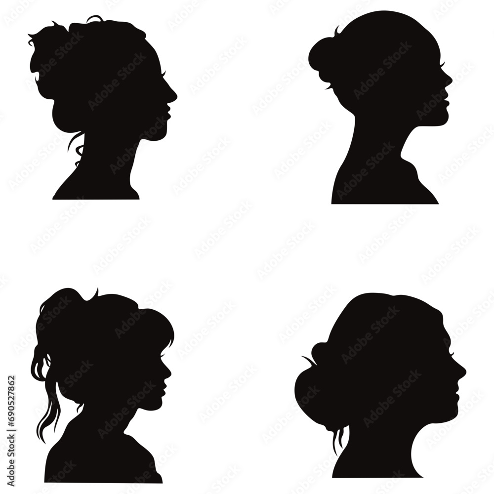 Set of Woman Head Silhouette. With Flat Design. Isolated Black Vector.