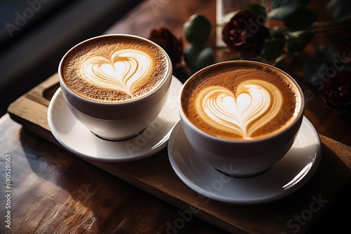Couple Hot Coffee with heart foam latte art on Table ,Ai Generate
