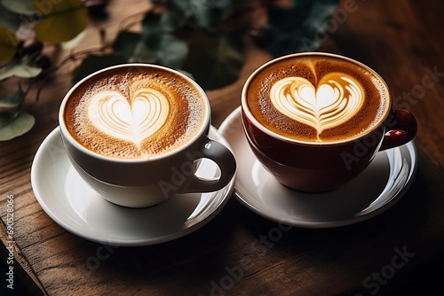 Couple Hot Coffee with heart foam latte art on Table ,Ai Generate