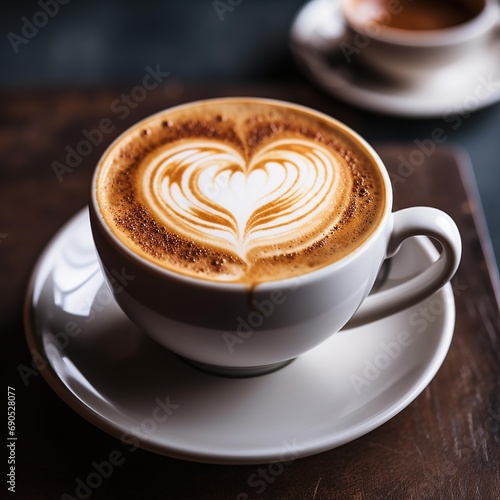  Hot Coffee with heart foam latte art on Table ,Ai Generate