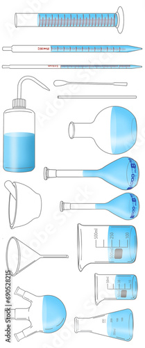 Chemical Lab Equipment Icon Set with water, solution, liquid, solvent