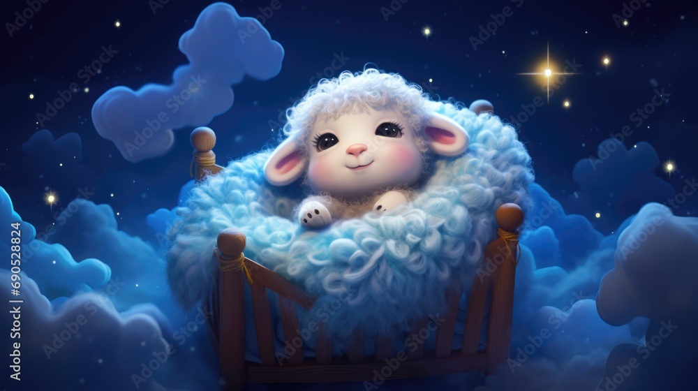 Obraz premium Dreamy lamb resting in wooden crib surrounded by glowing clouds. Night sky with stars.