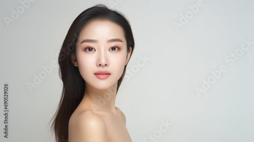 Young asian girl with perfect skin on white background. Female Skin care editorial. Asian beauty portrait. 