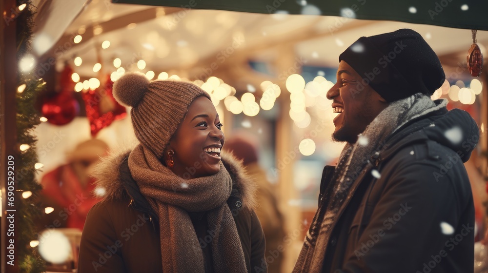 happy african american couple on the street at christmas