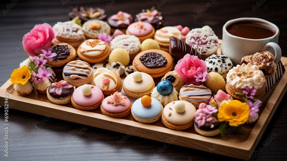 A beautifully arranged Easter dessert tray featuring a variety of mini tarts, pastries, and decorated cookies