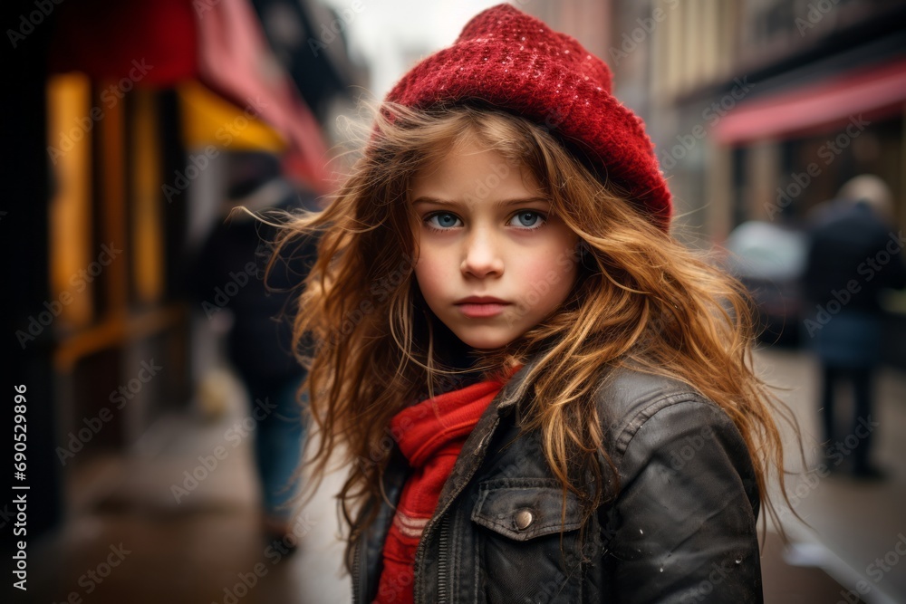 Portrait of a beautiful little girl in a red hat in the city