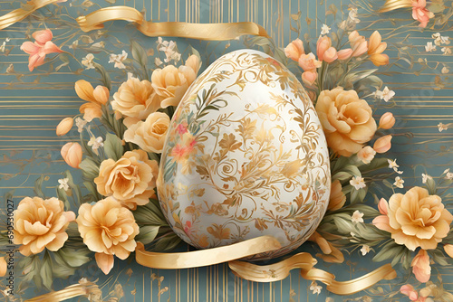 Easter pattern with egg and borders. Floral background at the back.