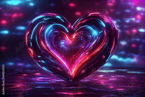 Glowing neon light heart background, neon light heart wallpaper, glowing red heart background