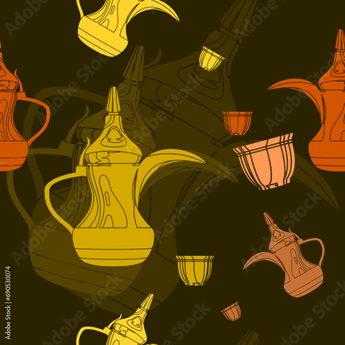 Editable Flat Monochrome Dallah Coffee Pots and Finjan Cups Vector Illustration Seamless Pattern With Dark Background for Arab Culture Tradition Cafe and Islamic Moments Related Design