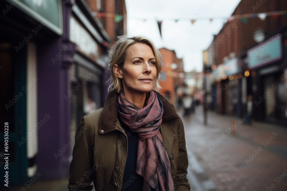 Beautiful middle-aged woman in a coat and scarf on a city street