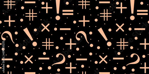 Seamless pattern with Trendy Punctuation marks isolated black background. Avant-garde peach fuzz ornament. Vector illustration can used wallpaper, textile, bed linen print. Modern backdrop.