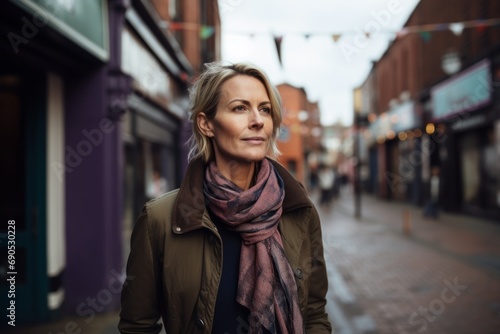 Beautiful middle-aged woman in a coat and scarf on a city street