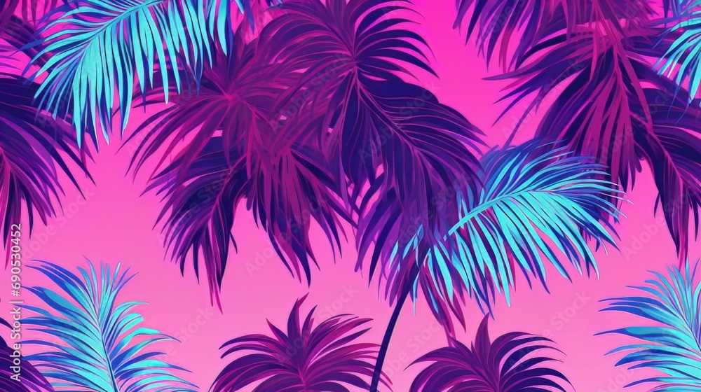 The palm tree pattern is a seamless design featuring vibrant tropical leaves, reminiscent of the iconic aesthetics from Vice City and the retro 80s era