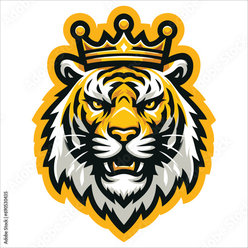 Fototapeta Naklejka Na Ścianę i Meble -  Tiger head logo design , tiger head , head tiger , tiger crown head , Yellow tiger wearing crown head mascot illustration 