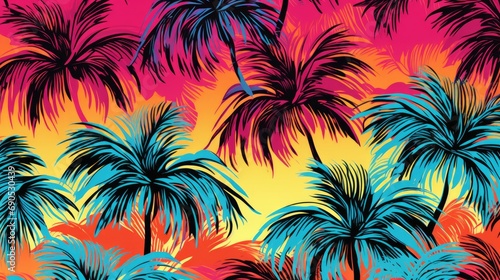 The palm tree pattern is a seamless design featuring vibrant tropical leaves, reminiscent of the iconic aesthetics from Vice City and the retro 80s era © Chingiz