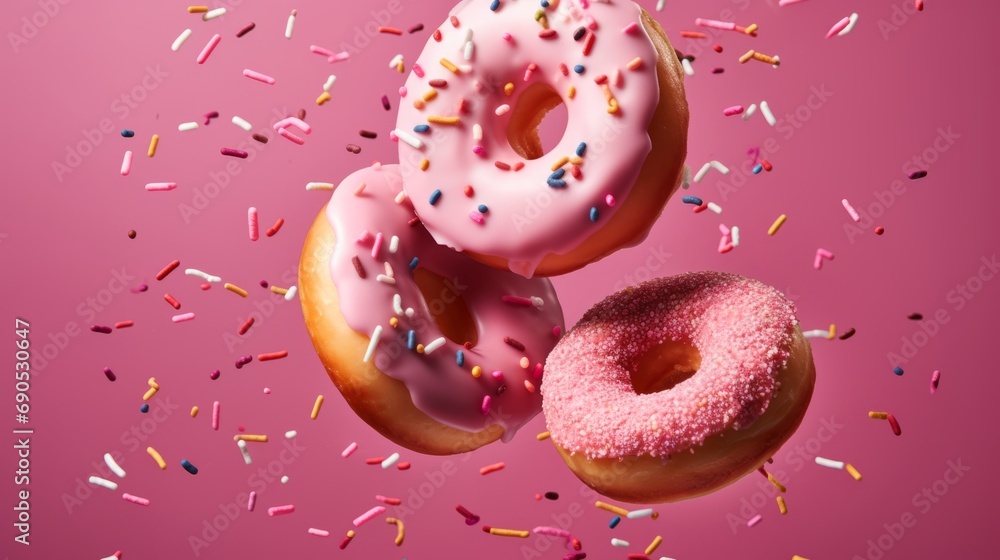 Various donuts flying in the air. Dessert donuts with glaze on pink background Various donuts flying in the air. Dessert donuts with glaze on pink background