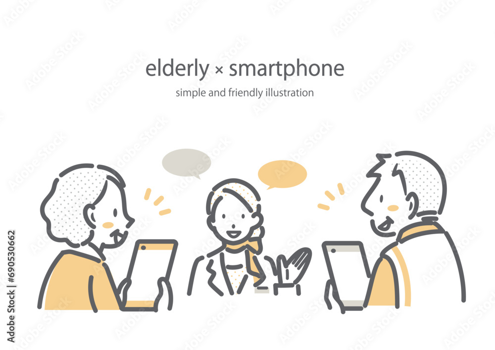スマホ教室に参加するシニア世代の女性と男性 シンプルでお洒落な線画イラスト スマホ教室に参加するシニア世代の女性と男性 シンプルでお洒落な線画イラスト