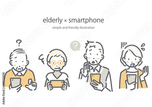 スマホの操作に困るシニア世代　シンプルでお洒落な線画イラスト