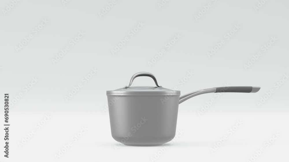 Stainless steel cooker with lid and chrome plated aluminum cookware on white background. 3d render of non-stick kitchen utensils or pot
