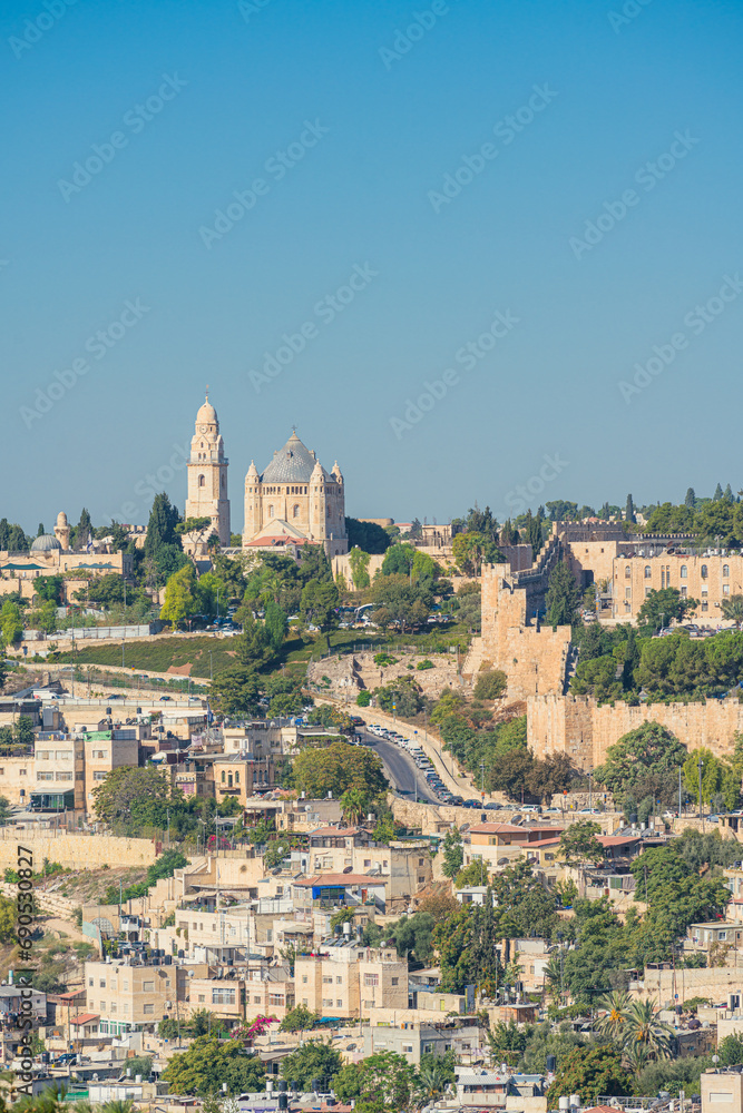 View of Dormition Abbey - Hagia Maria, Christian church on top of Mount Zion, Jerusalem, Israel