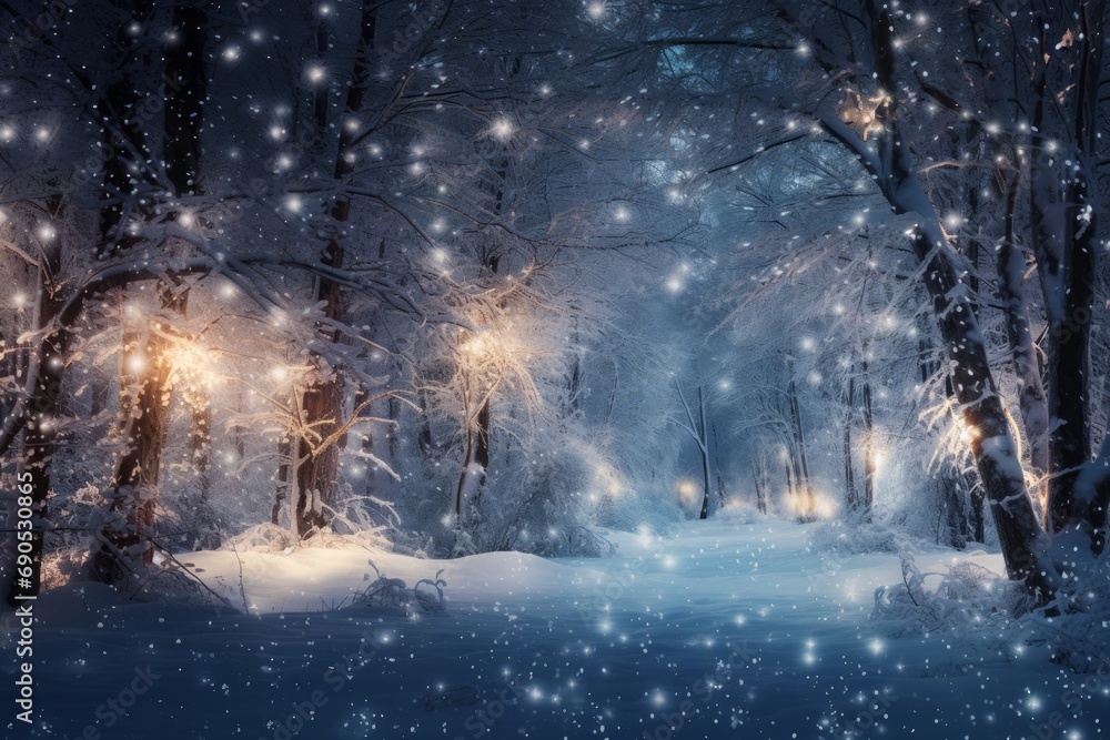 christmas background with snowy fir forest illuminated with christmas lights