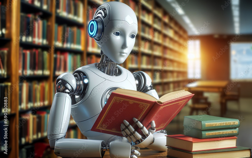 Artificial intelligence or AI robot reads a book in the library Concept of collecting data of artificial intelligence or AI Artificial intelligence or AI robot reads a book in the library Concept of collecting data of artificial intelligence or AI