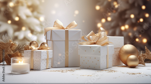 New year’s gifts in white wrapping with gold bows on a white table. Gold balls, garlands and lights add festivity. Close-up, frontal view, light background.